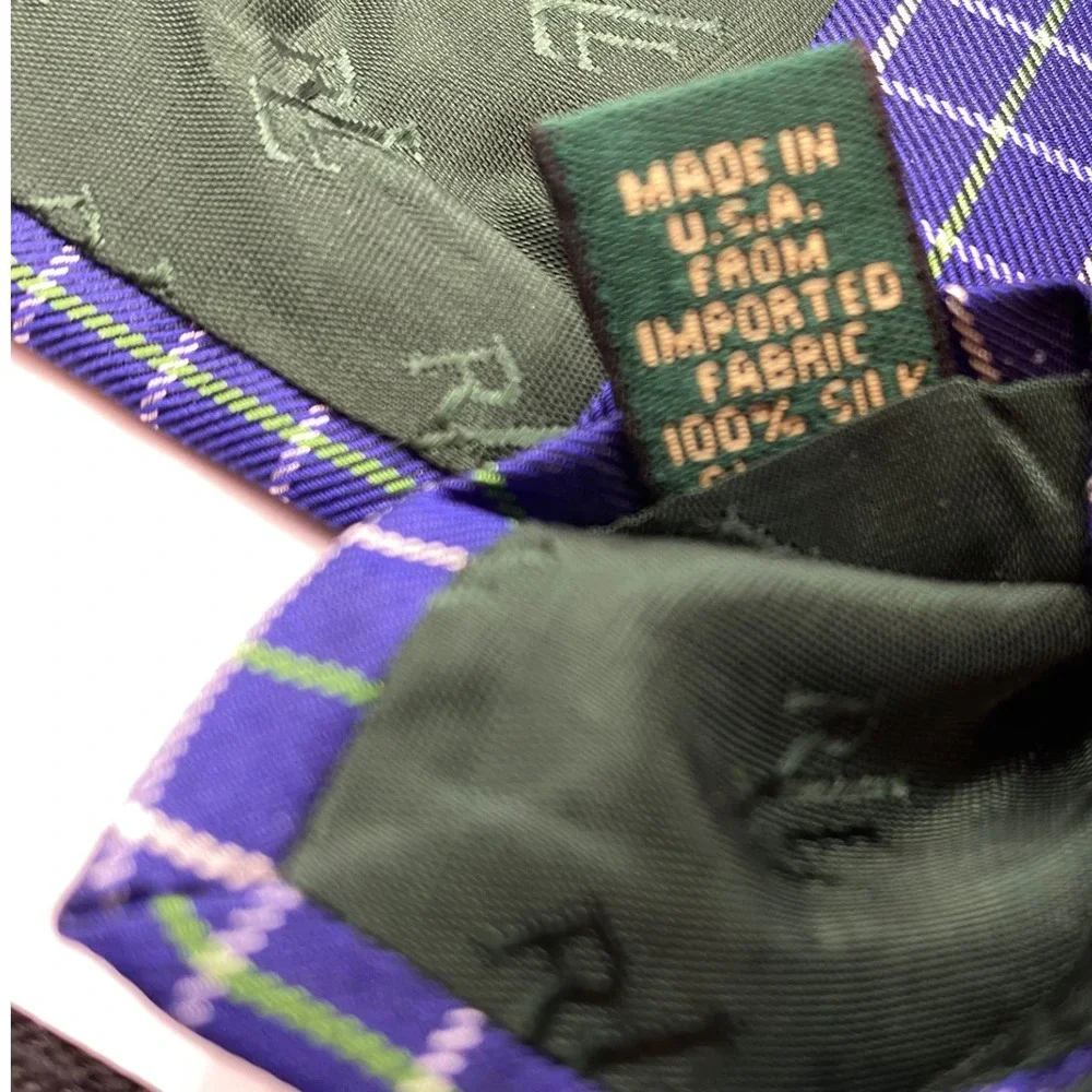Ralph Lauren Men Blue Green White Plaid Silk Neck Tie Hand Finished Made USA New